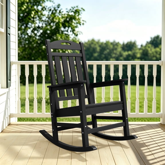 SUUNYN Outdoor Rocking Chair, HDPE All-Weather High Back Porch Rocker, 380lbs Capacity, Black