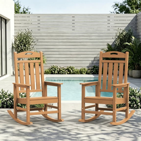 SUUNYN Outdoor Rocking Chair, HDPE All-Weather High Back Porch Rocker, 380lbs Capacity, Teak