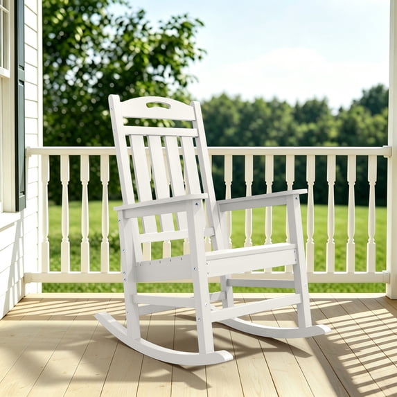 SUUNYN Outdoor Rocking Chair, HDPE All-Weather High Back Porch Rocker, 380lbs Capacity, White