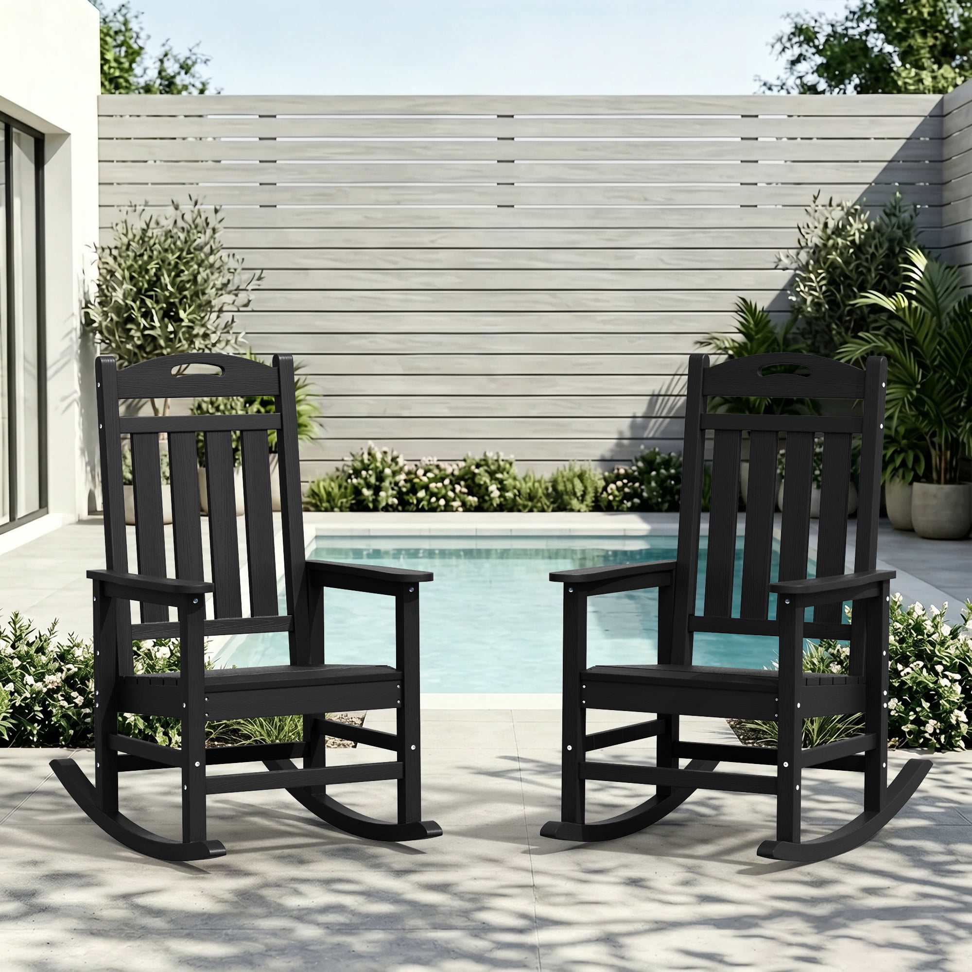 SUUNYN Set of 2 Outdoor Rocking Chairs, HDPE All-Weather Patio Rockers with High Back, 380lbs Heavy Duty, Black