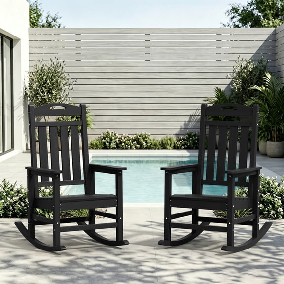 SUUNYN Set of 2 Outdoor Rocking Chairs, HDPE All-Weather Patio Rockers with High Back, 380lbs Heavy Duty, Black
