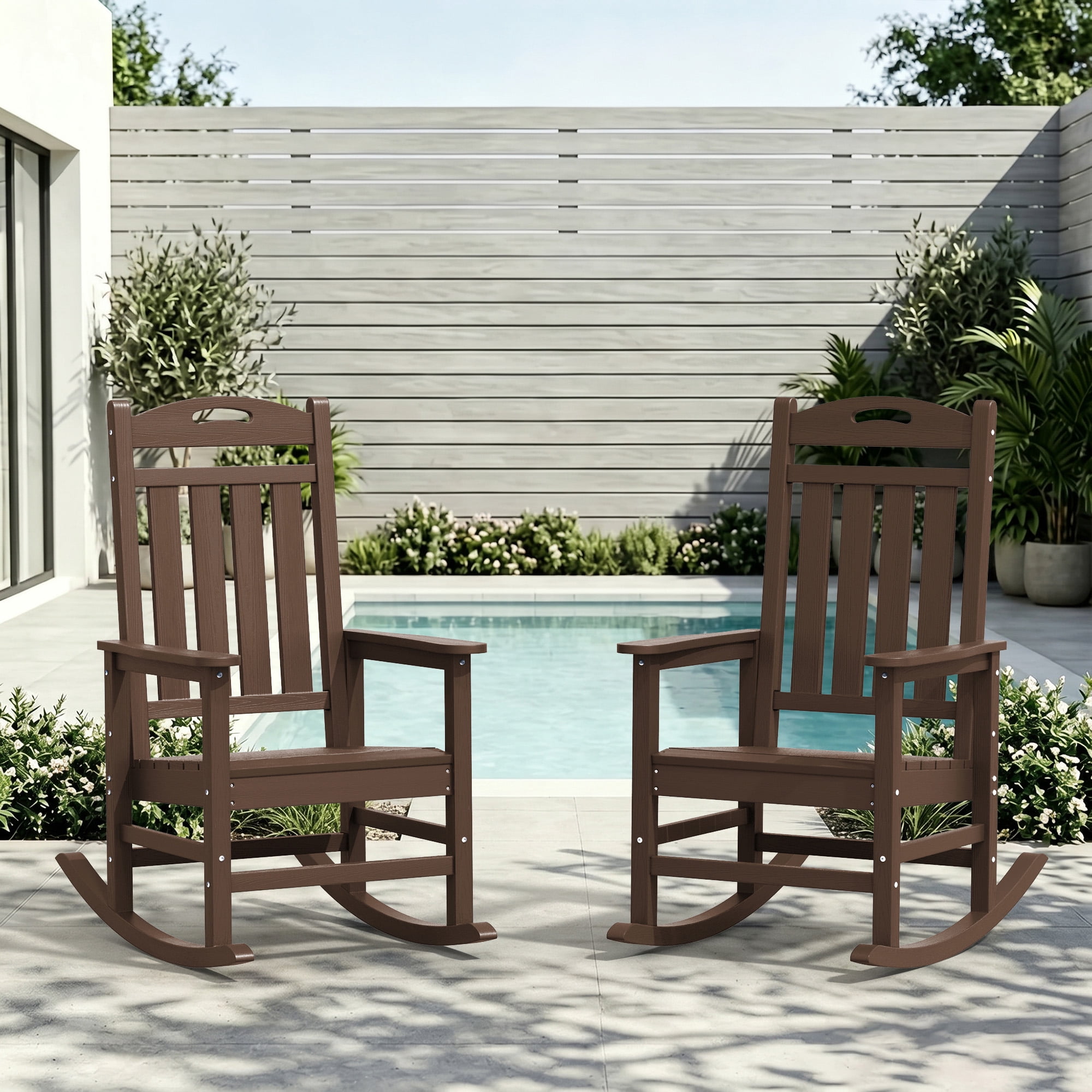 SUUNYN Set of 2 Outdoor Rocking Chairs, HDPE All-Weather Patio Rockers with High Back, 380lbs Heavy Duty, Brown