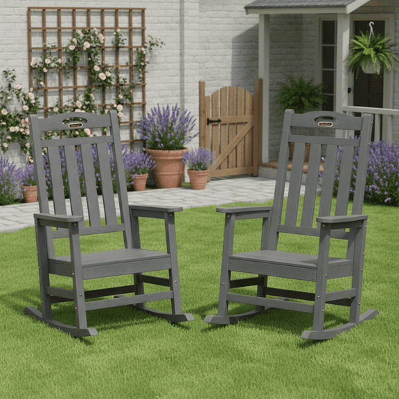 SUUNYN Set of 2 Oversized Outdoor Rocking Chairs, HDPE All-Weather Patio Rockers with High Back, 380lbs Heavy Duty, Gray