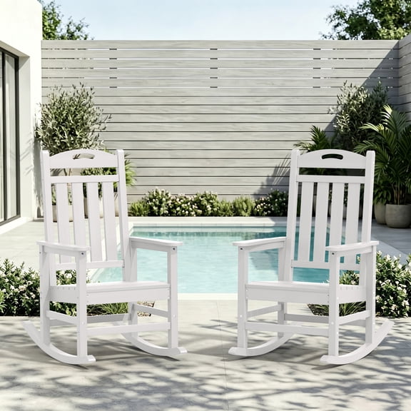 SUUNYN Set of 2 Outdoor Rocking Chairs, HDPE All-Weather Patio Rockers with High Back, 380lbs Heavy Duty, White