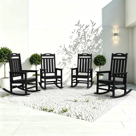 SUUNYN Set of 4 Outdoor Rocking Chairs, HDPE Porch Rockers for Patio Deck, All-Weather, 380lbs Load, Black