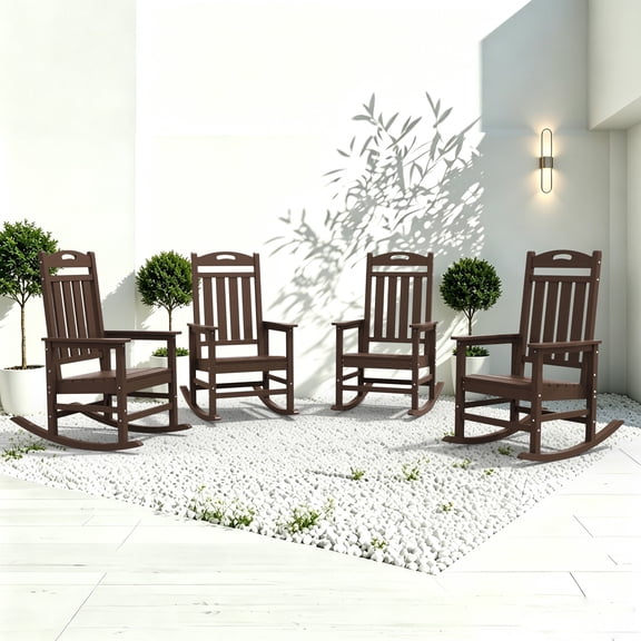 SUUNYN Set of 4 Outdoor Rocking Chairs, HDPE Porch Rockers for Patio Deck, All-Weather, 380lbs Load, Brown