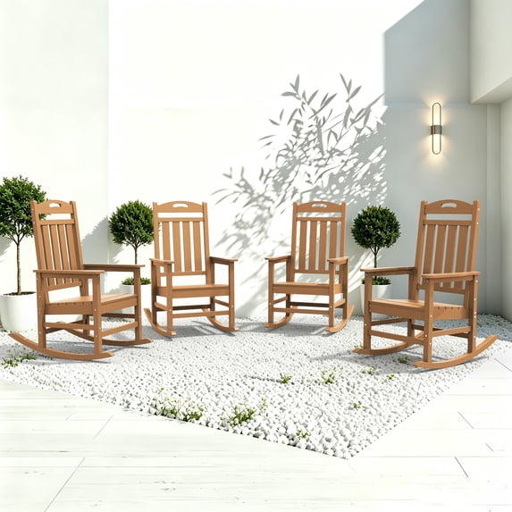 SUUNYN Set of 4 Outdoor Rocking Chairs, HDPE Porch Rockers for Patio Deck, All-Weather, 380lbs Load, Brown