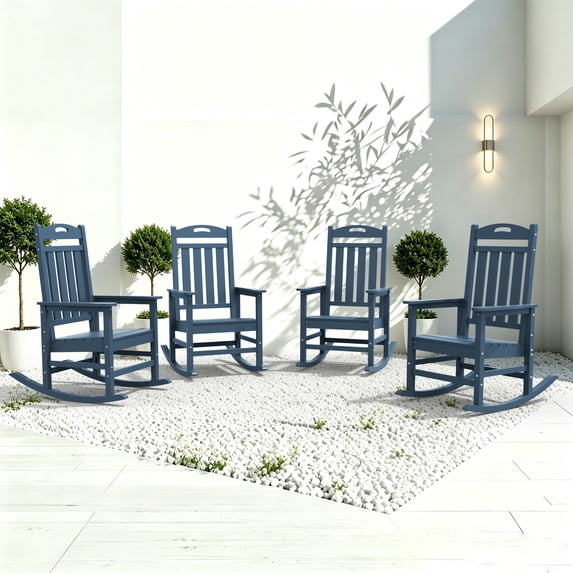 SUUNYN Set of 4 Outdoor Rocking Chairs, HDPE Porch Rockers for Patio Deck, All-Weather, 380lbs Load, Navy