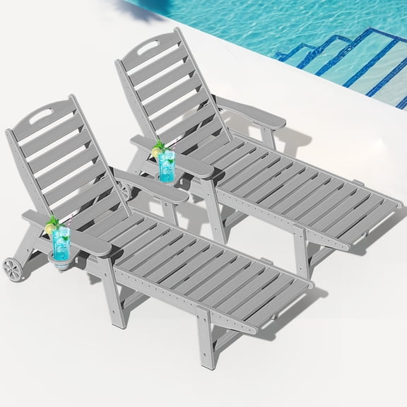 Wood Look Set of 2 HDPE Outdoor Chaise Lounge Chair, Rolling Pool Lounger, Gray