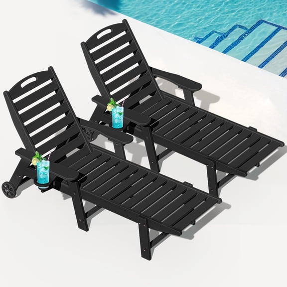 Wood Look Set of 2 HDPE Outdoor Chaise Lounge Chair, Rolling Pool Lounger, Black