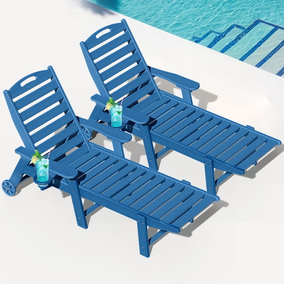 Wood Look Set of 2 HDPE Outdoor Chaise Lounge Chair, Rolling Pool Lounger, Navy