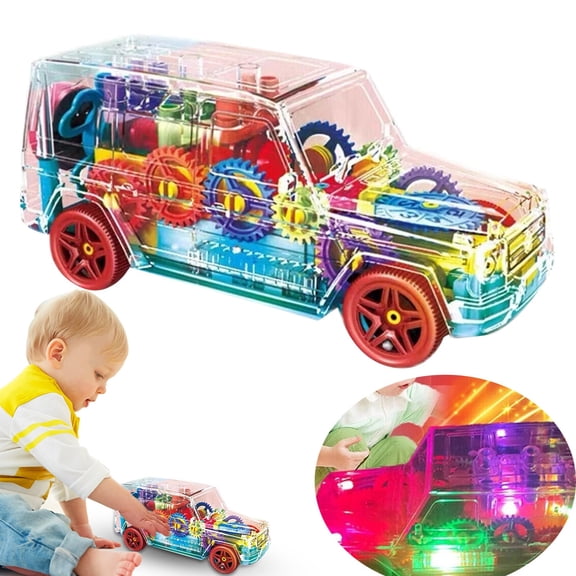 SUV Bump And Go Off Road Vehicle With Moving Gears – Light Up Transparent Toy With Music And LED Lights Sensory Toy