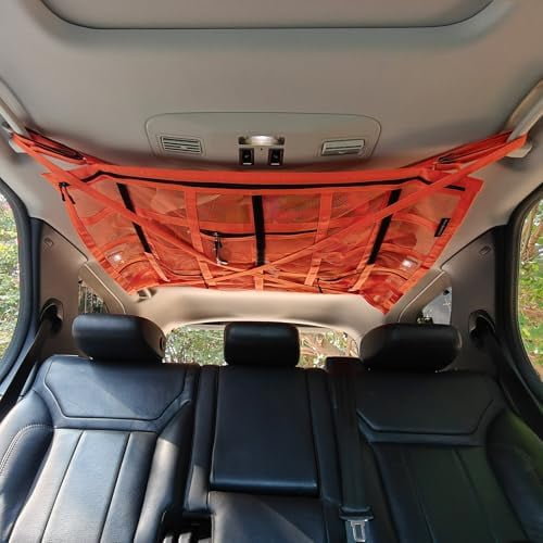 SUV Car Ceiling Cargo Net with Adhesive Straps,Double-Layer Mesh Car Roof Net Storage for Truck, Van,Travel Long Road Trip Camping Interior Accessories 39.3 X 23.6 Inch,Orange