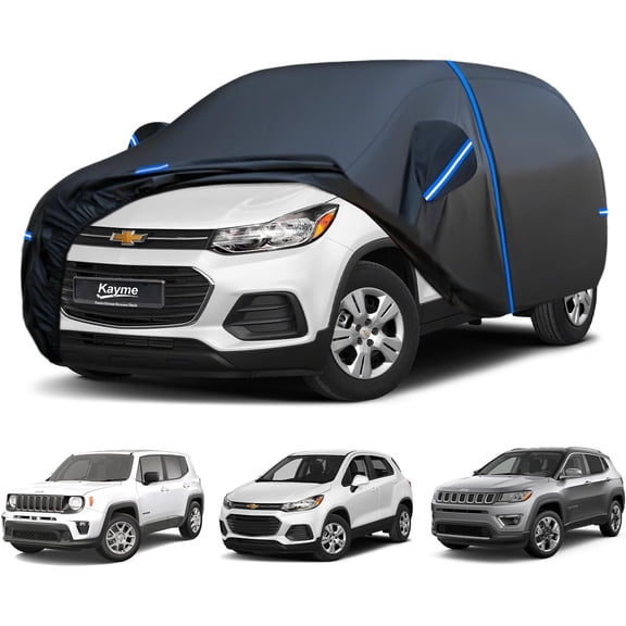 SUV Car Cover Custom Fit for Chevrolet Chevy Trax, Jeep Compass, Windproof Upgraded & 100% Waterproof. All-Weather Full Exterior Rain Snow Protector with Door Zipper and Towel.