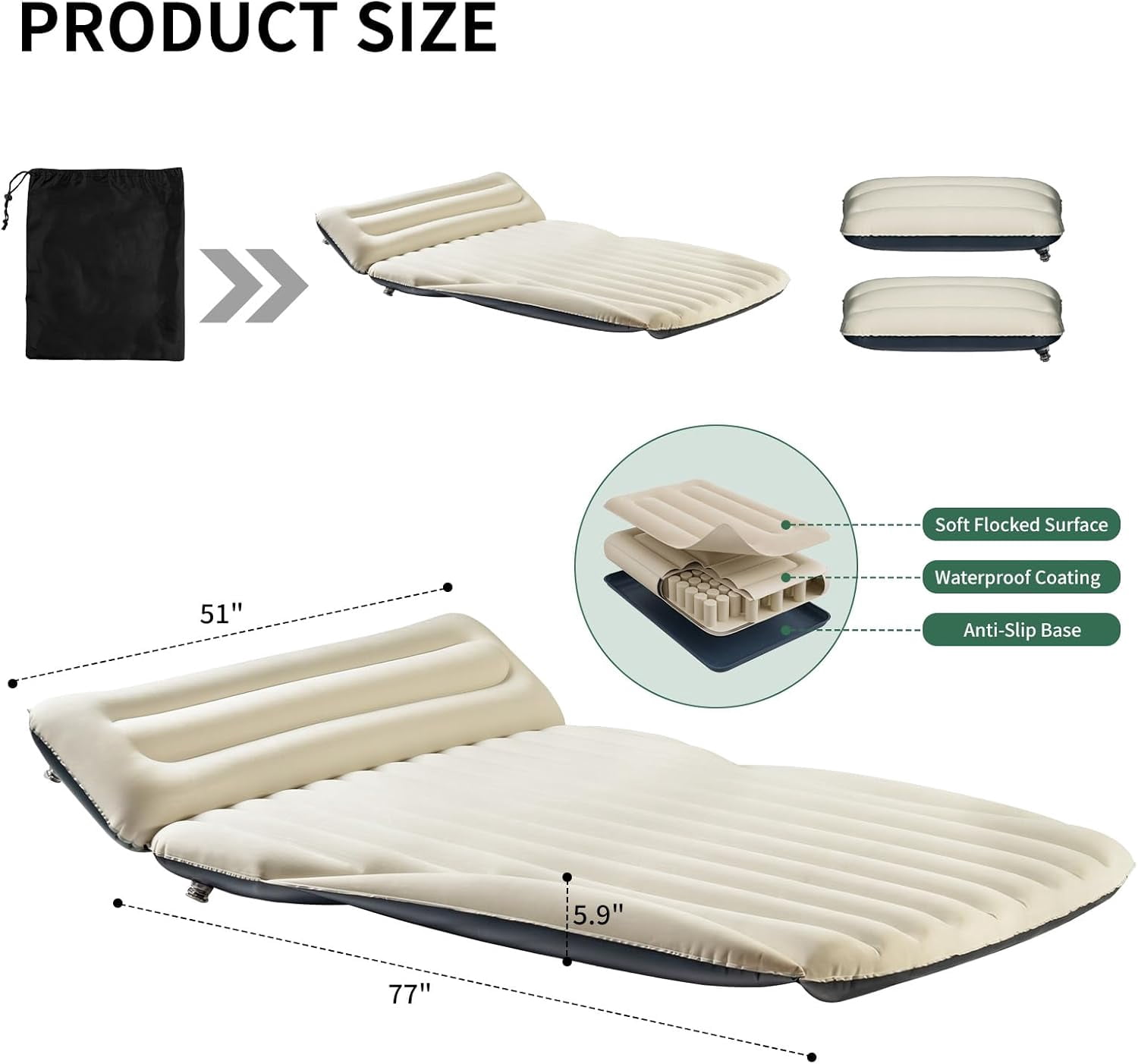 SUV  Mattress with Pump & Pillows, Thick Flocked Car Bed for Camping Travel