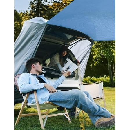 SUV Tailgate Tent with Big Awning - Water Resistant Car Camping Tent for SUVs, Vans & MPVs - Grey Blue