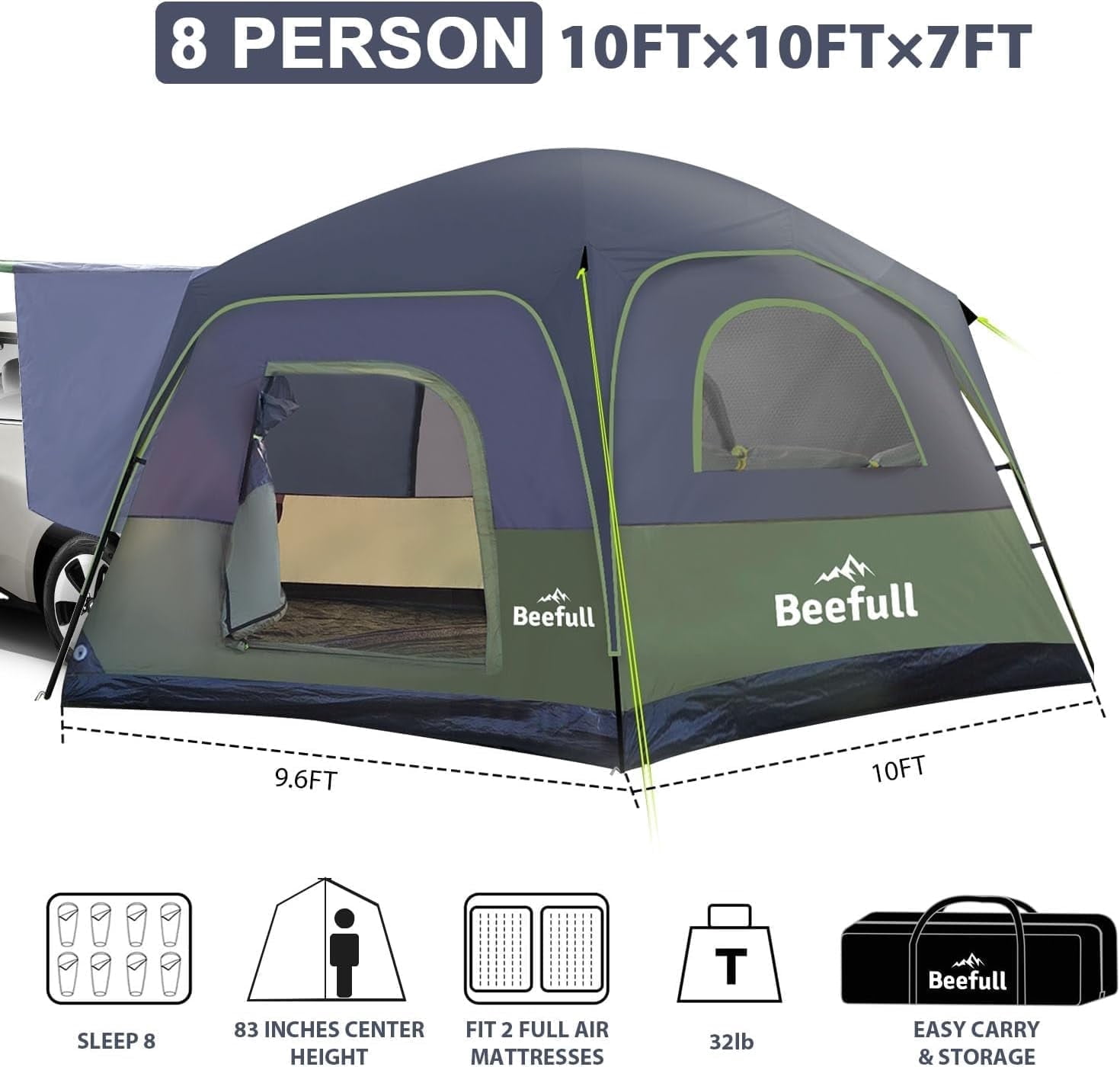 SUV Tent Instant Tent with 10-Minute Setup, 6/8/10 Person Car Camping Tent with Waterproof PU2000mm, Double Layer Design with Pre-Attached Poles