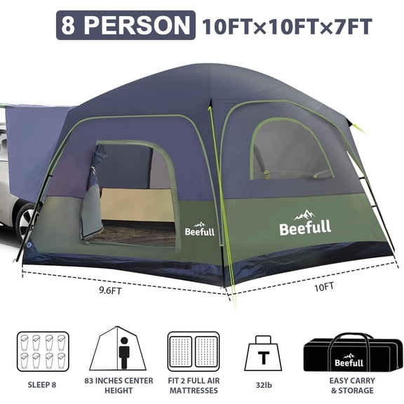 SUV Tent Instant Tent with 10-Minute Setup, 6/8/10 Person Car Camping Tent with Waterproof PU2000mm, Double Layer Design with Pre-Attached Poles