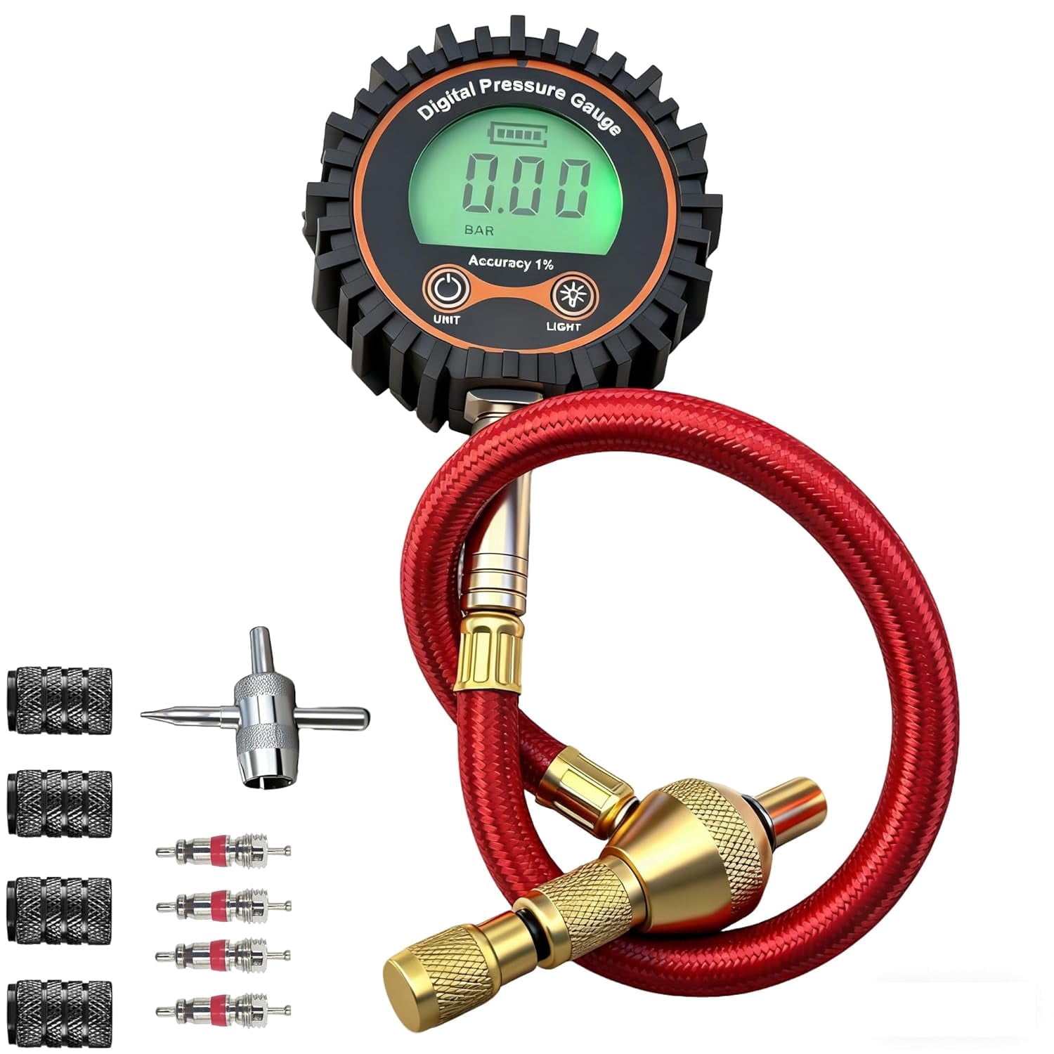 SUVCARMPING 250 PSI Digital Tire Pressure Gauge (±1% Accuracy) - Easy-to-Read Display with Valve Cap & 4-Way Valve Tool, Red
