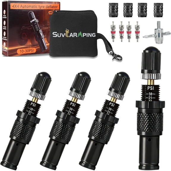 SUVCARMPING Adjustable Auto-Stop Tire Deflator Valve Kit (10-30 PSI) - 4 PCS Screw-On Air Down Tool for Offroad 4x4, Black