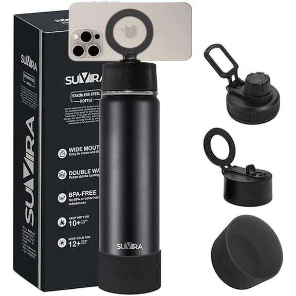 SUVIRA -25 Oz Stainless Steel Insulated Water Bottle with Phone Holder & Magnetic Lid - Keeps Drinks Hot/Cold 24H - Leakproof, Sweatproof - Magsafe Compatible - BPA-Free For Gym, Hiking, Travel.