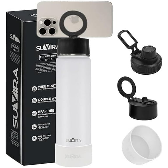 SUVIRA -25/32 Oz Stainless Steel Insulated Water Bottle with Phone Holder & Magnetic Lid - Keeps Drinks Hot/Cold 24H - Leakproof, Sweatproof - Magsafe Compatible - BPA-Free For Gym, Hiking, Travel.