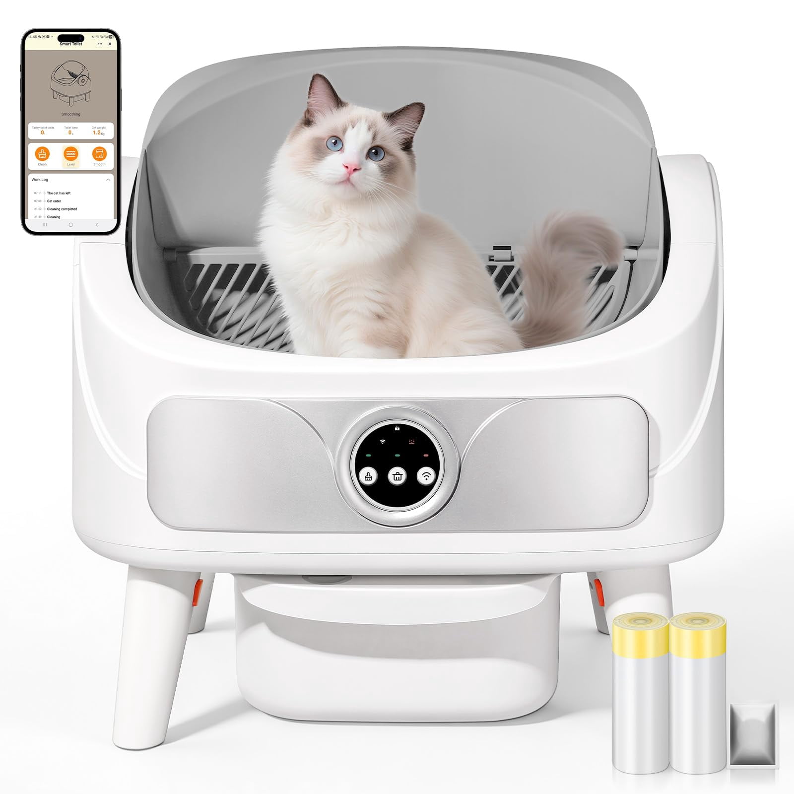 SUW Self Cleaning Cat Litter Box, Open-Top Automatic Litter Box for Multiple Cats, Large Capacity Robot, APP Control, Safety Protection, 2 Rolls Litter  Liners Bag, 1 Odor Eliminator