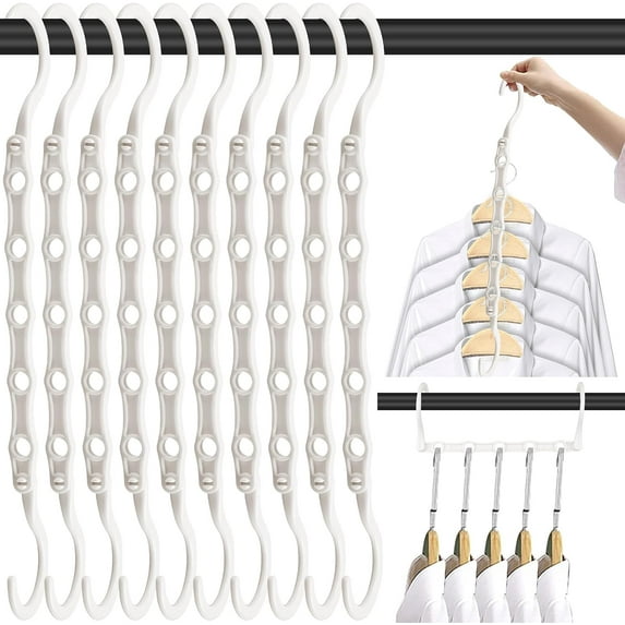 SUWU 10 PCS Space Saving Hangers, 5-Hole Magic Hangers - Sturdy Plastic Hanger, Closet Organizers for Clothes Storage, College Dorm Essentials, Home Organization (White)