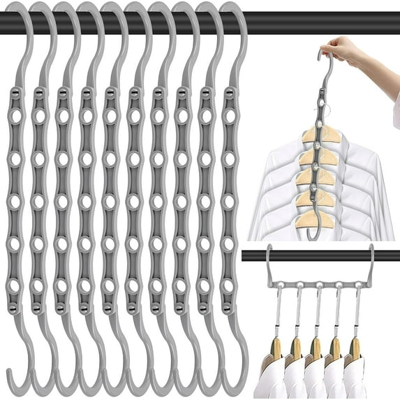 SUWU 10 PCS Space Saving Hangers, 5-Hole Magic Hangers - Sturdy Plastic Hanger, Closet Organizers for Clothes Storage, College Dorm Essentials, Home Organization (Gray)