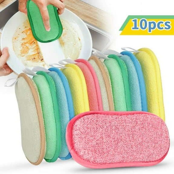SUWU 10PC Microfiber Kitchen Scrub Sponges, Dual Side Reusable Scouring Pads - Random Colors