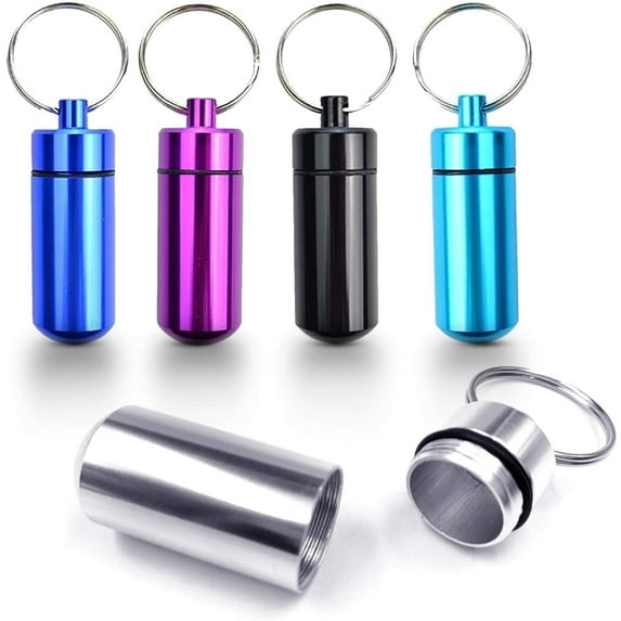 SUWU 5-Pack Pill Holder Keychain, Aluminium Alloy Mini Pill Organizer, Waterproof Small Pill Box, Portable Pill Container, Metal Pill Case with Keyring for Outdoor Camping Travel
