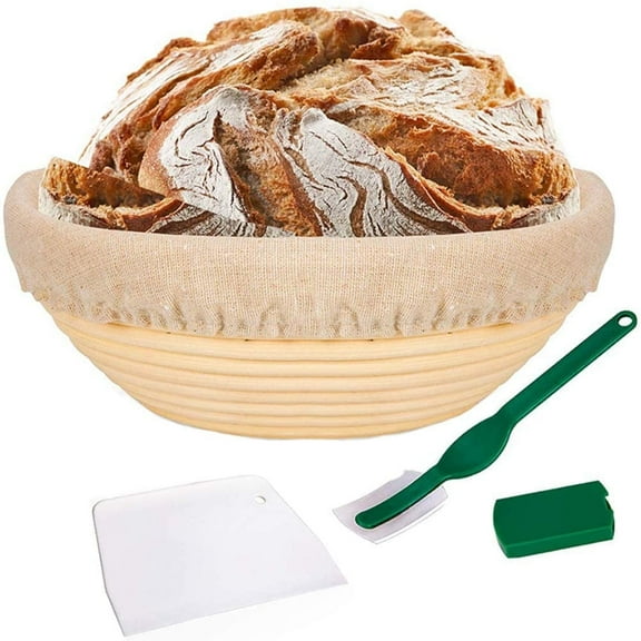 SUWU Banneton Proofing Basket Set,10 Inch Round Sourdough Bread Bowl,100% Natural Rattan Basket with Linen Liner Cloth Dough Scraper Bread Lame for Artisan & Home Bakers