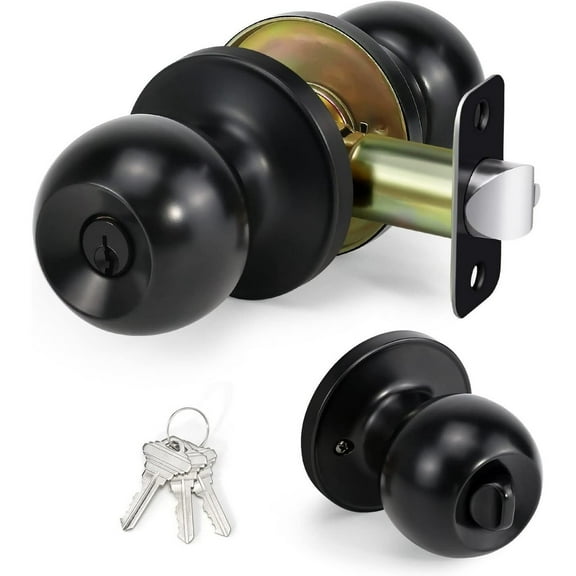 SUWU Black Door Knobs with Lock and Keys, Interior/Exterior Door Knob for Bedroom or Bathroom, Round Ball Handle, Stainless Steel 1 Pack