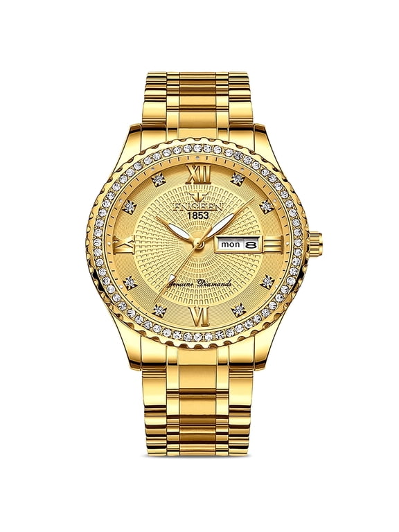 Classic Diamond Gold Watches for Men, Stainless Steel Waterproof Dress Watch, Men's Quartz Analog Wristwatch