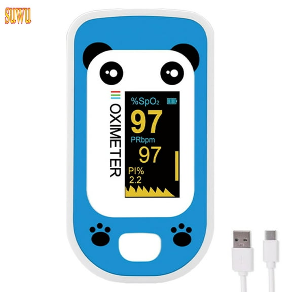 SUWU Pulse Oximeter, Rechargeable Oximeter for Kids & Children, Blood Oxygen Saturation, Pulse Rate Monitor, Cute Cartoon Design, USB-C Charging,Blue