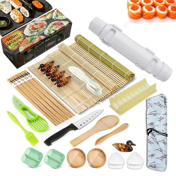 SUWU Sushi Making Kit, 2 Bamboo Sushi Mats and 1 Professional Sushi Bazooka Rice Roller, 2 Pairs of Bamboo Chopsticks, Avocado Slicer Holder Paddle Spreader, Rolling, Beginner Sushi Kit DIY at Home