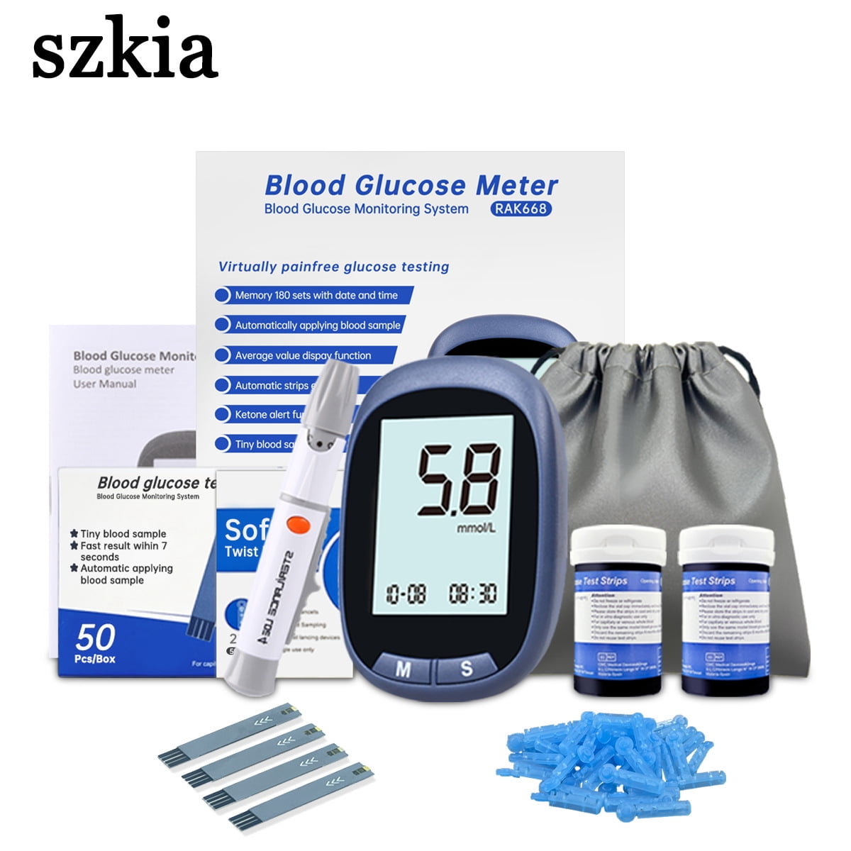 SUWUBlood Glucose Monitor Kit, 50 Strips, 50 Lancets, 1