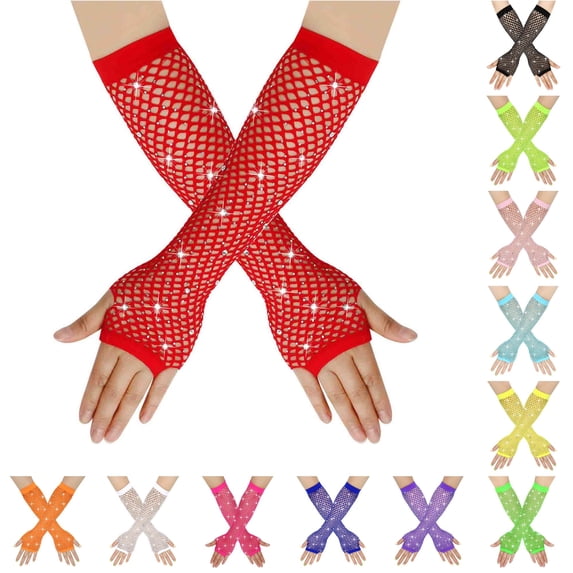 SUXIAN Adult Gloves 80s Fishnet Long Neon Fingerless Mesh Stretchy Accessory Stage Party Hand Gloves Red One Size
