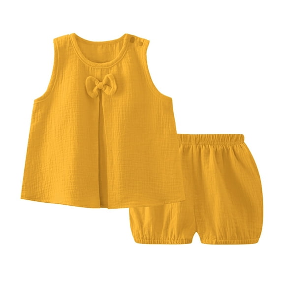 SUXIAN Baby Girls Dress Set Spring and Summer Solid Color Double Layer Yarn Breathable Comfortable Girls Bow Home Set Cozy Outfit Sets Yellow 110