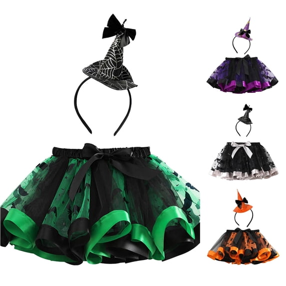 SUXIAN Ballet Skirt Halloween Printed Mesh Soft Layered Tutu Skirt Dance Party Outfit Hairband Set For Girls Girls Skirts Green_001 4-5 Years