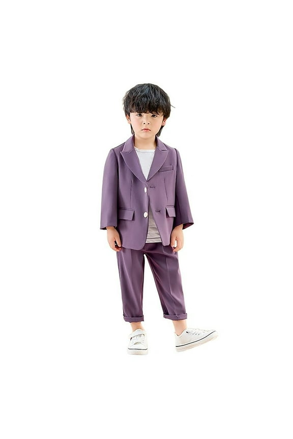 Boys Business Suits Coat 3 Piece Outfit Tuxedo Set for Kids Formal Suit for Boys with Pants Necklace Set Slim Formal Clothing Set Purple 100