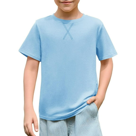 SUXIAN Boys T Shirts Kids Summer Crewneck Short Sleeve Fashion Casual Tees for Ages 3 to 14 Light Blue 7-8 Years