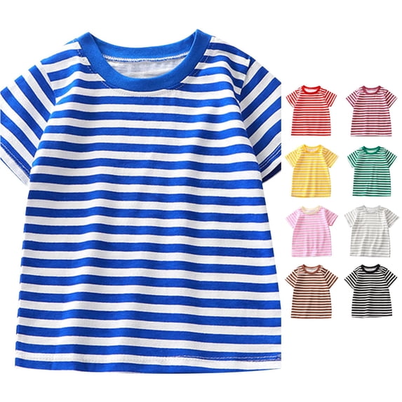 SUXIAN Boys Shirts Striped Short Sleeve Crewneck Tee Top Casual Baby Basic Soft Comfortable Toddler Boy Shirts Blue 18-24 Months