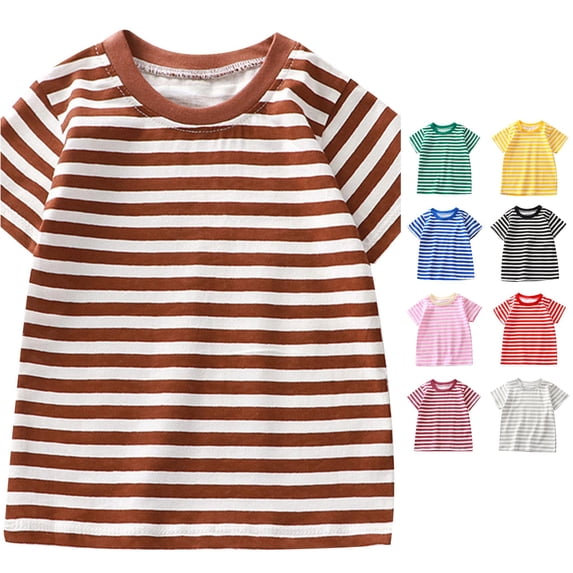 SUXIAN Boys Shirts Striped Short Sleeve Crewneck Tee Top Casual Baby Basic Soft Comfortable Toddler Boy Shirts Brown 5-6 Years