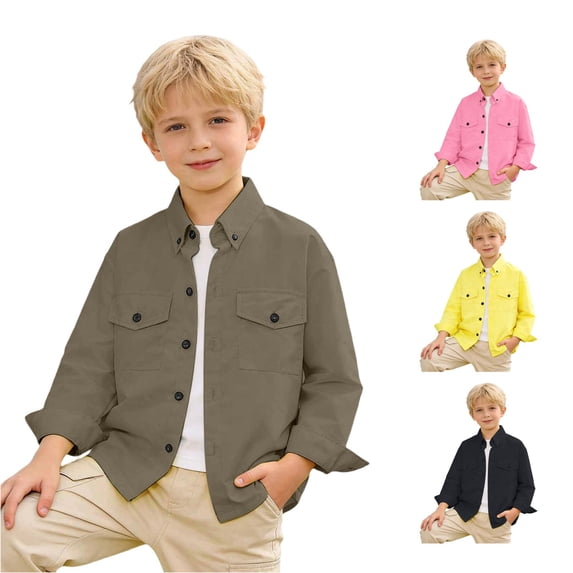 SUXIAN Boys Shirts Solid Long Sleeve Double Pocket Workwear Lapel Collar Button Down Classic Style Toddler Boy Shirt Army Green 5-6 Years