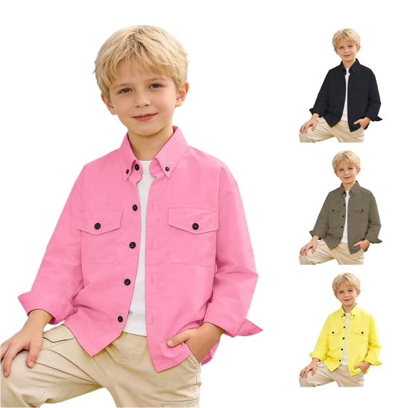 SUXIAN Boys Shirts Solid Long Sleeve Double Pocket Workwear Lapel Collar Button Down Classic Style Toddler Boy Shirt Pink 4-5 Years