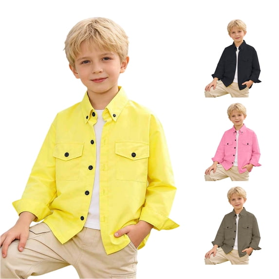 SUXIAN Boys Shirts Solid Long Sleeve Double Pocket Workwear Lapel Collar Button Down Classic Style Toddler Boy Shirt Yellow 5-6 Years