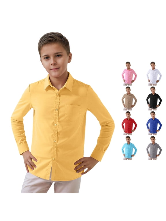 Boys Shirts Solid Long Sleeve Turn Down Collar Classic Button Down Style Toddler Boy Shirt Yellow 7-8 Years