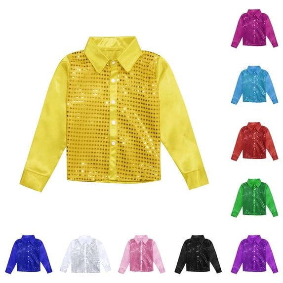SUXIAN Boys Shirts Sparkly Sequins Long Sleeve Button Down Dance Performance Stage Style Boys Shirt Yellow 7-8 Years