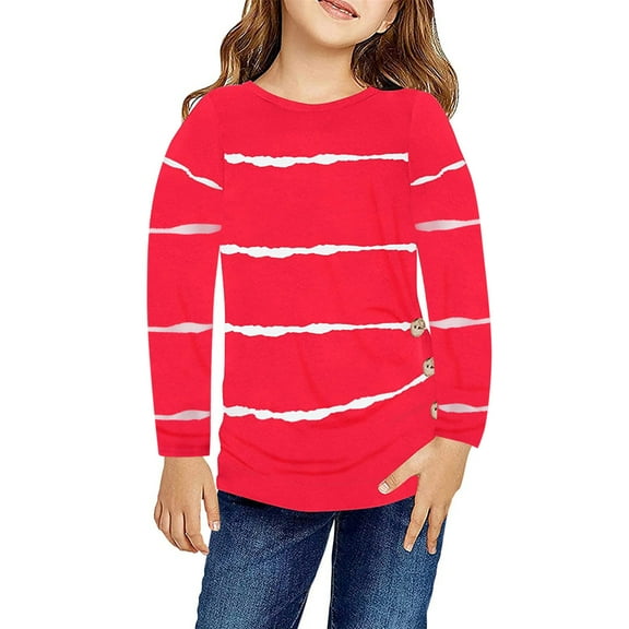 SUXIAN Little Girls Casual Long Sleeve T Shirts Crewneck Tunic Tops Kids Button Striped Tee Blouses Autumn Clothes Red 12-13 Years